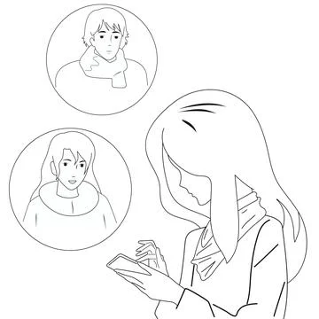 Black and white illustration. Using a smartphone to communicate. Stock Illustration