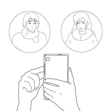 Black and white illustration. Using a smartphone to communicate. 스톡 일러스트