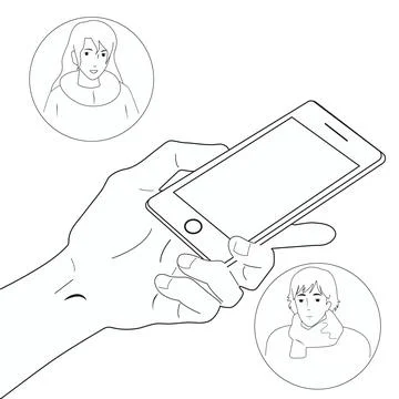 Black and white illustration. Using a smartphone to communicate. Stock Illustration