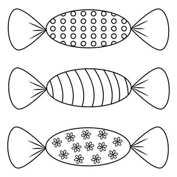 Black and white illustrations of candy. Outline colouring book. Candy icons.. Stock Illustration