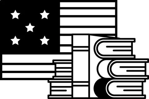 A black and white image of a book stack with a flag in the background Stock Illustration