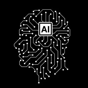 A black and white image of a brain with a computer chip in the middle Illustrazione stock