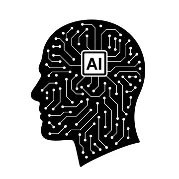 A black and white image of a brain with a computer chip in the middle Illustrazione stock