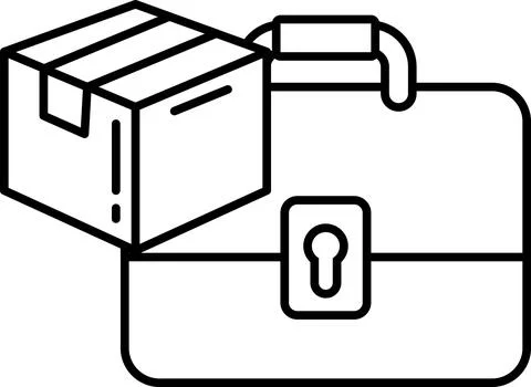 A black and white image of a briefcase with a box on top of it Stock Illustration