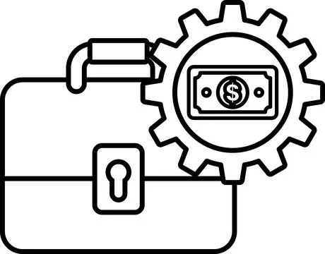 A black and white image of a briefcase with a key and a stack of money 스톡 일러스트