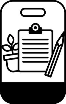 A black and white image of a cell phone with a pencil and a plant on it Stock Illustration