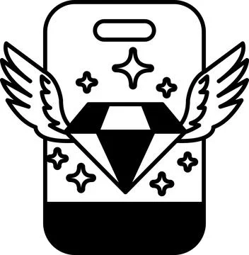 A black and white image of a cell phone case with a diamond and wings Stock Illustration