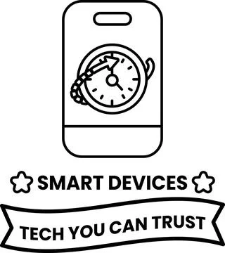 A black and white image of a cell phone with a clock on it Stock Illustration