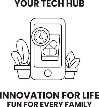 A black and white image of a cell phone with a clock on it Stock Illustration