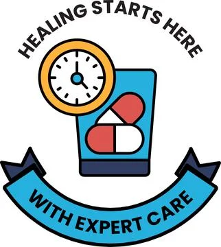 A black and white image of a clock and pills with the words healing starts he Stock Illustration