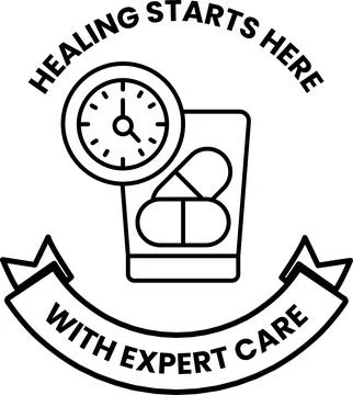 A black and white image of a clock and pills with the words healing starts he Stock Illustration