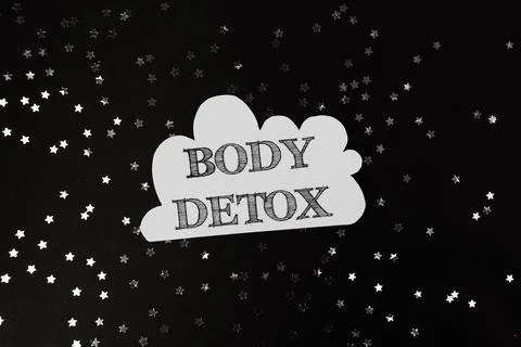 Black and white image of a cloud with the words Body Detox written on it Stock-Fotos