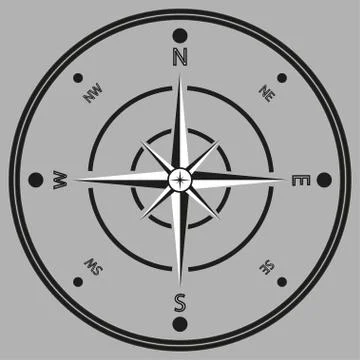 Black and white image of a compass in a flat rear. Isolated on gray backgroun Stock Illustration