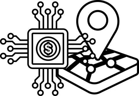 A black and white image of a computer chip with a dollar sign on it Stock-Illustration