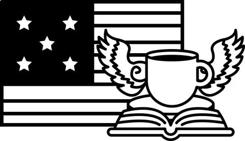 A black and white image of a cup and a book with a flag in the background Stock Illustration