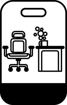 A black and white image of a desk with a chair and a cup of coffee Stock Illustration