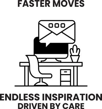 A black and white image of a desk with a computer monitor, a chair Stock Illustration