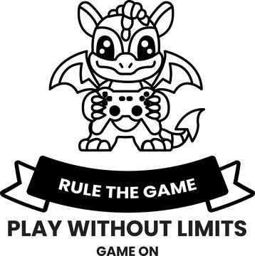 A black and white image of a dragon holding a game controller Stock Illustration