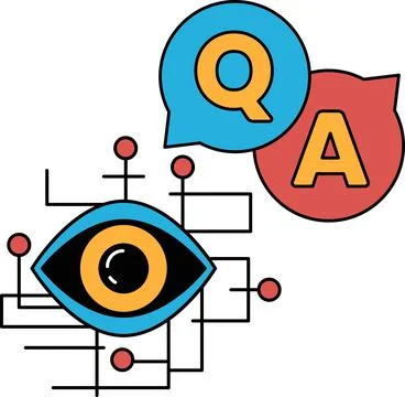 A black and white image of an eye with a question mark and an A above it Ilustração Stock