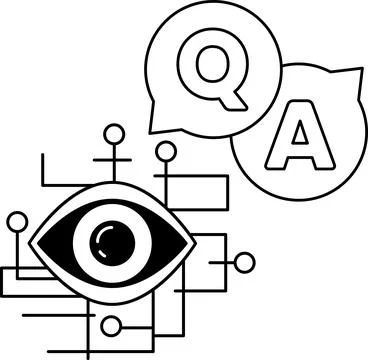 A black and white image of an eye with a question mark and an A above it Ilustração Stock