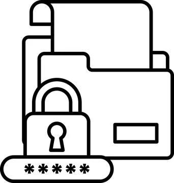 A black and white image of a file folder with a lock on it Stock Illustration