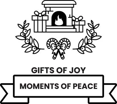 A black and white image of a fireplace with a wreath and a pair of candy cane Ilustração Stock