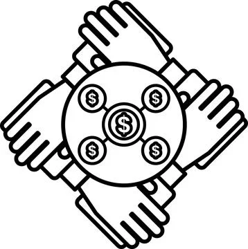 A black and white image of four hands holding a coin with the number four on  Stock Illustration