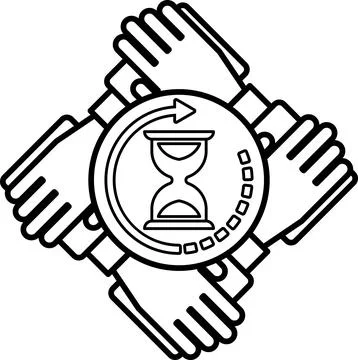 A black and white image of four hands holding a clock with the hands pointi.. Stock Illustration