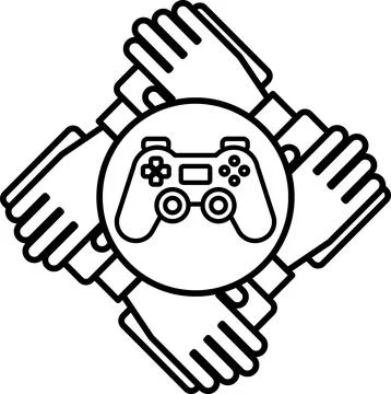 A black and white image of four hands holding a video game controller Stock Illustration
