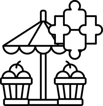 A black and white image of a fruit stand with a large umbrella over it イラスト素材