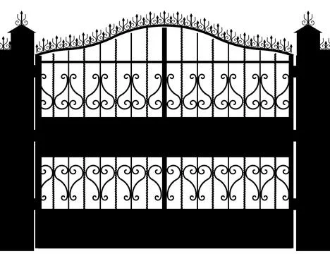 Black and white image of a gate with a lot of ornate designs. The gate is open Stock Illustration