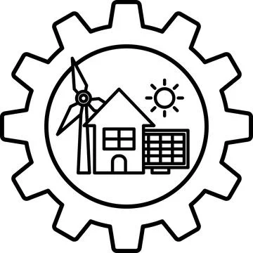 A black and white image of a gear with a house and a windmill on it Stock Illustration