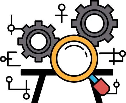 A black and white image of a gear with a magnifying glass over it Stock Illustration