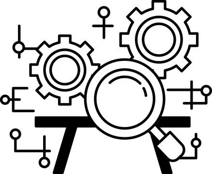 A black and white image of a gear with a magnifying glass over it Stock Illustration