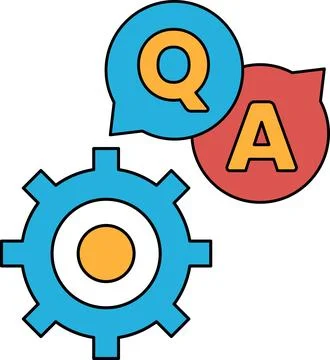 A black and white image of a gear with a question mark and an A above it Stock Illustration