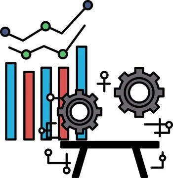 A black and white image of a graph with two gears and a table Stock Illustration