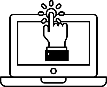 A black and white image of a hand pointing to a button on a laptop Stock Illustration