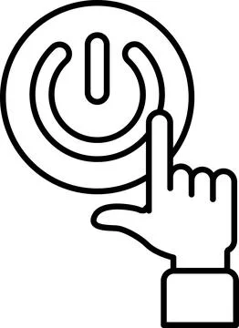 A black and white image of a hand pointing to a button with a power symbol .. Illustrazione stock