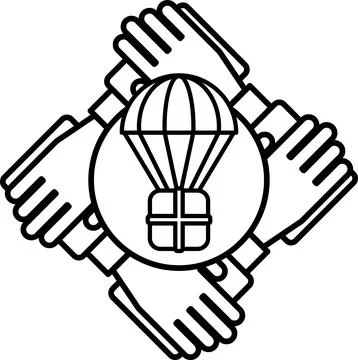 A black and white image of a hand holding a box with a parachute on top Illustrazione stock