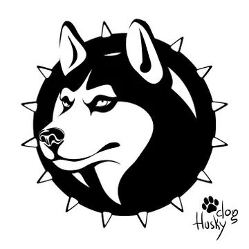 Black and white image of the head of a dog of the Husky breed Stock Illustration