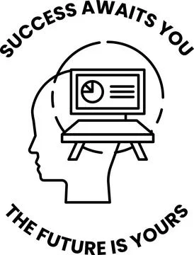 A black and white image of a head with a computer monitor on top of it Stock Illustration