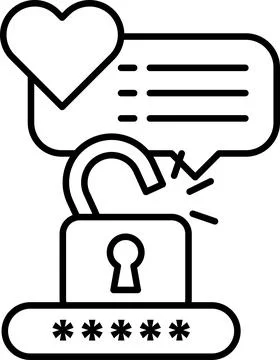 A black and white image of a key and a lock with a heart on top of the lock Stock Illustration