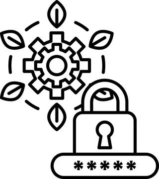 A black and white image of a key and lock with a gear in the background Illustrazione stock
