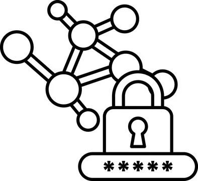 A black and white image of a key and lock with a chain of atoms surrounding i 库存插图