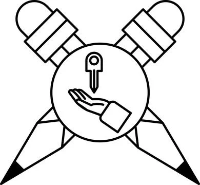 A black and white image of a key and a pencil Stock Illustration