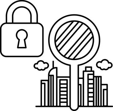 A black and white image of a key and a mirror with a city in the background Stock Illustration