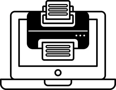 A black and white image of a laptop with a printer on it Illustrazione stock