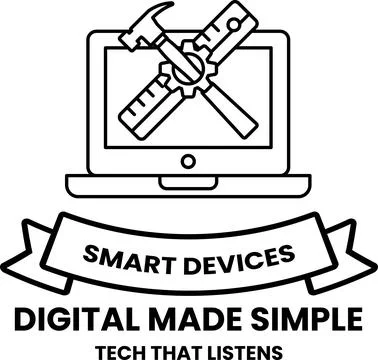 A black and white image of a laptop with a hammer and a ruler on it Stock Illustration
