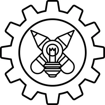 A black and white image of a light bulb with a pencil and a rocket Stock Illustration