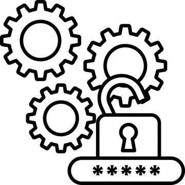 A black and white image of a lock with a key and a series of gears Stock Illustration